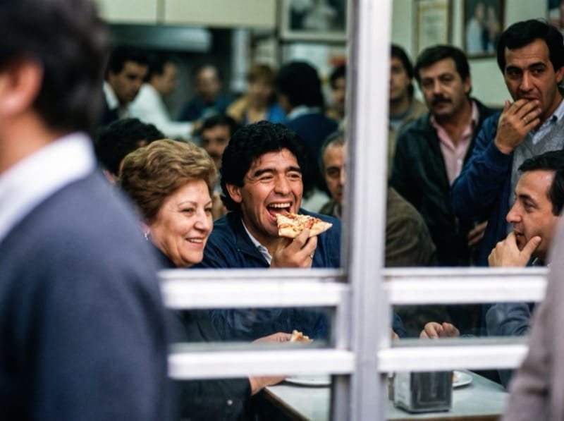 Diego comiendo una porción entre la gente, detrás de una baranda
